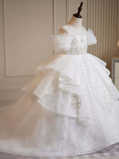 Off-the-Shoulder Ball Gown Flower Girl Dresses with Lace and Rhinestone Appliques