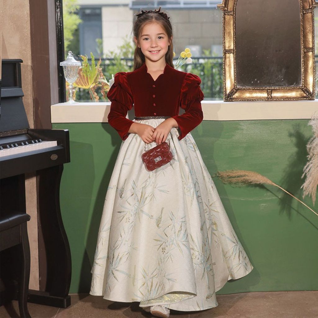 A-Line Party Dress for Girls with Long Sleeves and Covered Button Embroidery