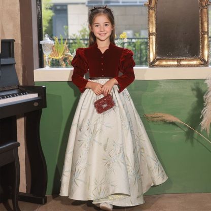 A-Line Party Dress for Girls with Long Sleeves and Covered Button Embroidery