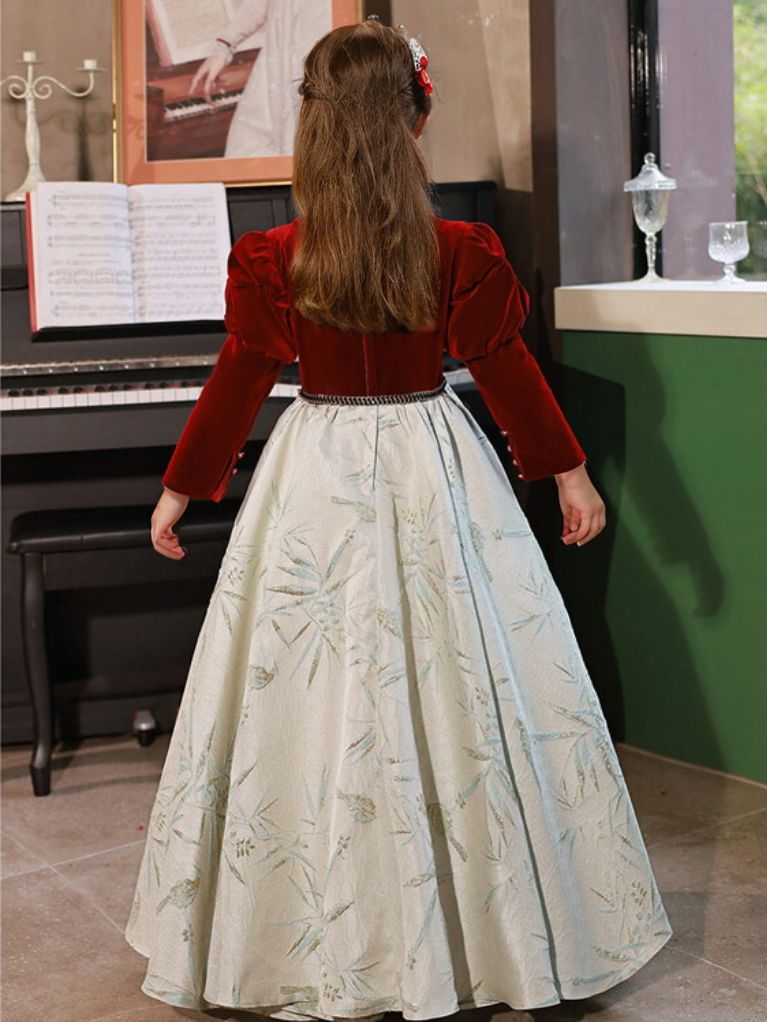 A-Line Party Dress for Girls with Long Sleeves and Covered Button Embroidery