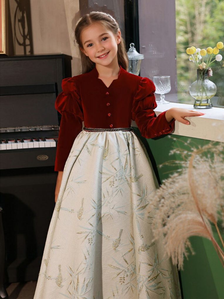 A-Line Party Dress for Girls with Long Sleeves and Covered Button Embroidery