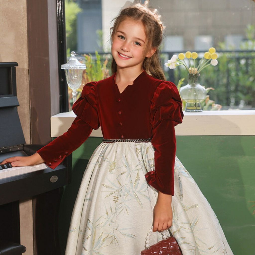 A-Line Party Dress for Girls with Long Sleeves and Covered Button Embroidery