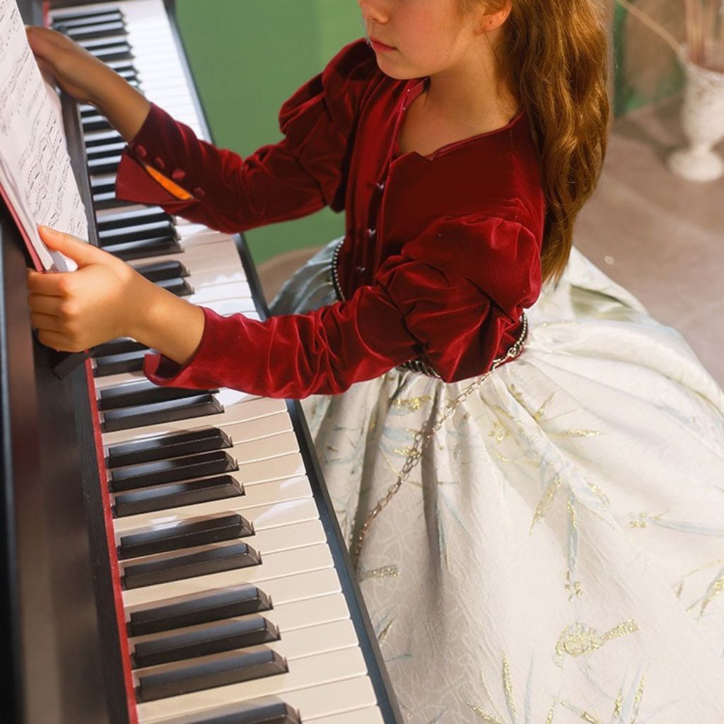 A-Line Party Dress for Girls with Long Sleeves and Covered Button Embroidery