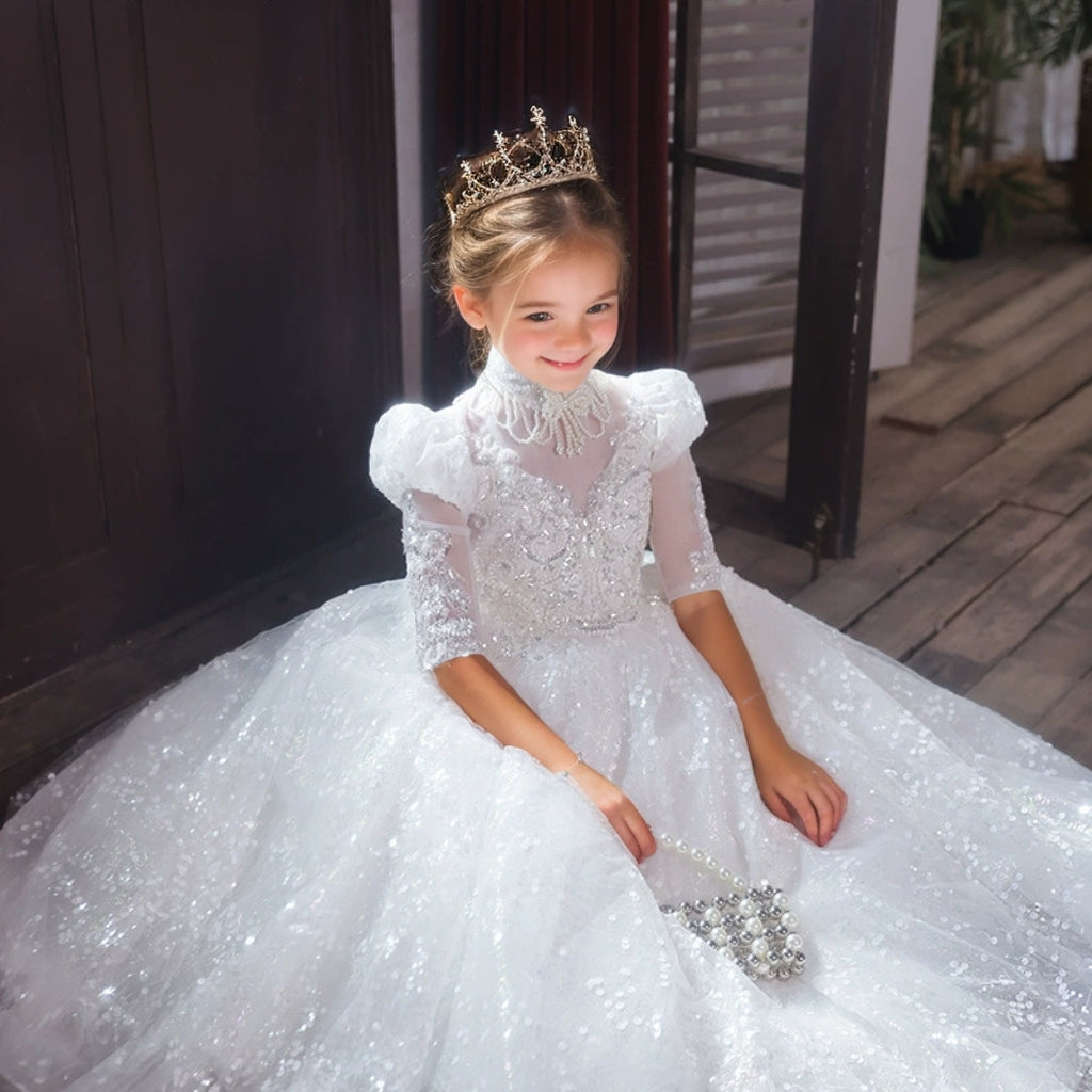 Princess A-Line 3/4 Sleeve Lace Flower Girl Dress with Rhinestone Decor
