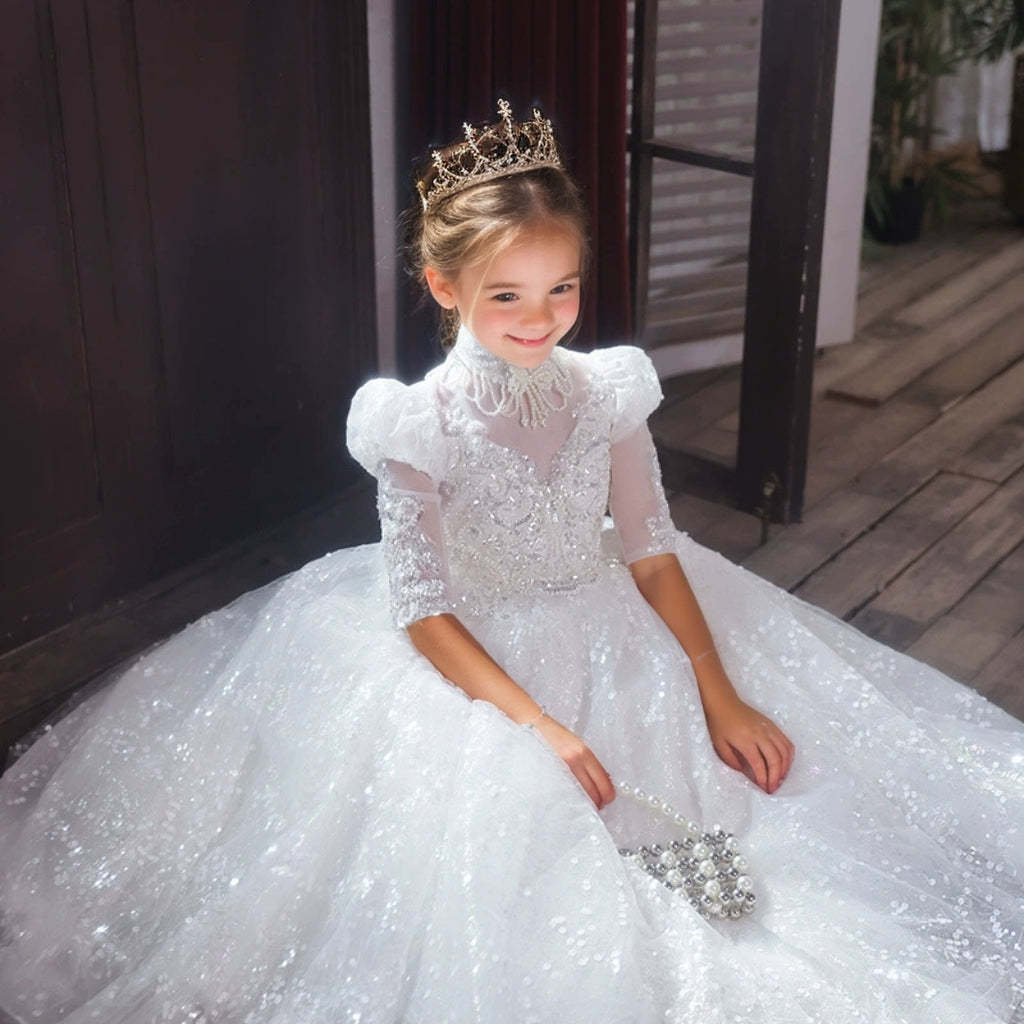 Princess A-Line 3/4 Sleeve Lace Flower Girl Dress with Rhinestone Decor