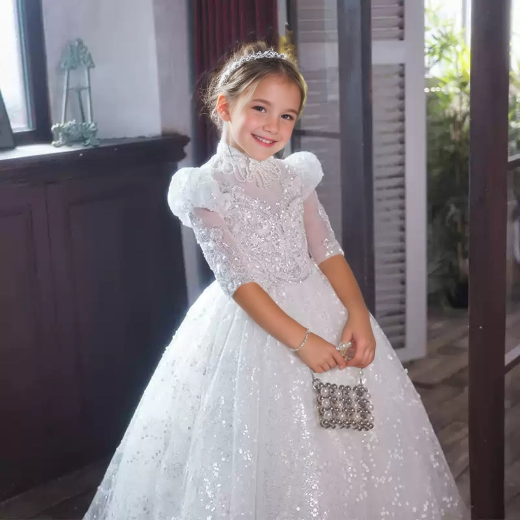 Princess A-Line 3/4 Sleeve Lace Flower Girl Dress with Rhinestone Decor