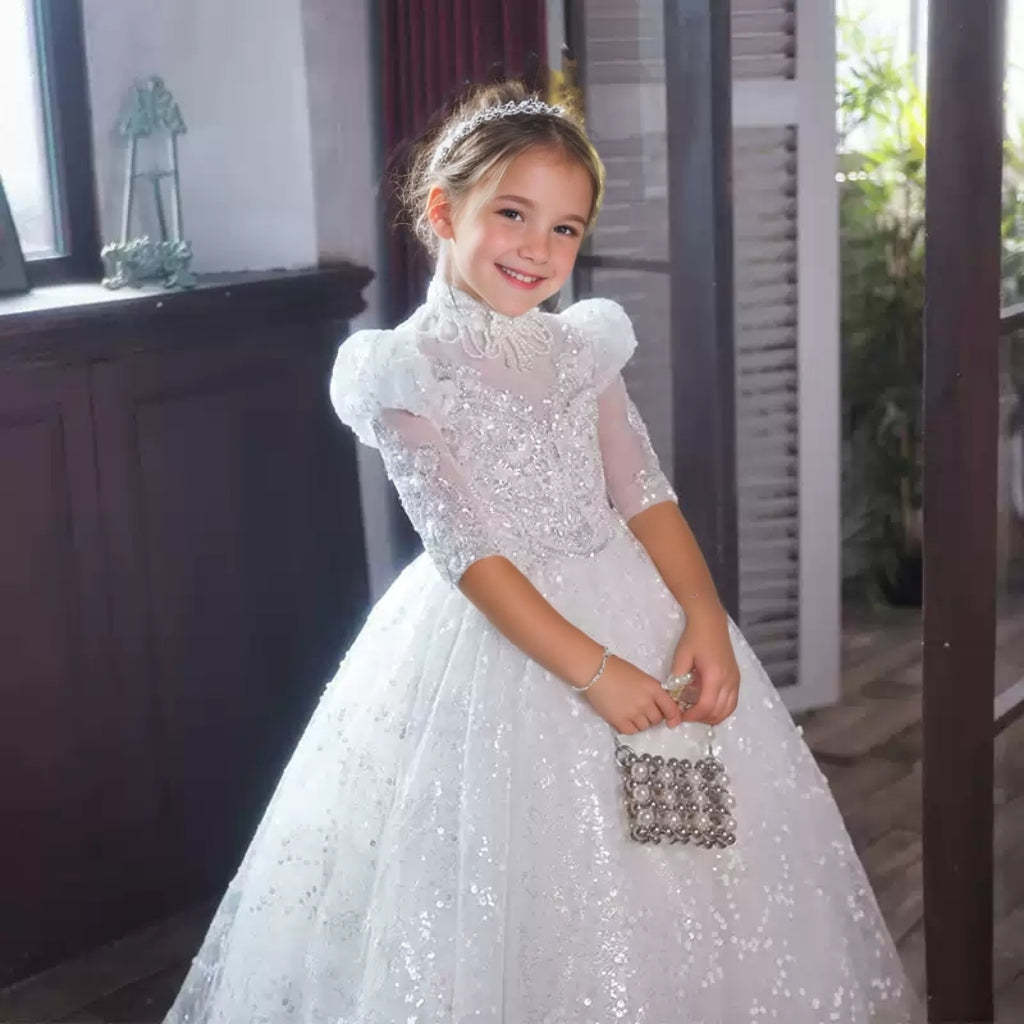 Princess A-Line 3/4 Sleeve Lace Flower Girl Dress with Rhinestone Decor