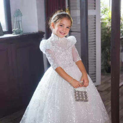 Princess A-Line 3/4 Sleeve Lace Flower Girl Dress with Rhinestone Decor