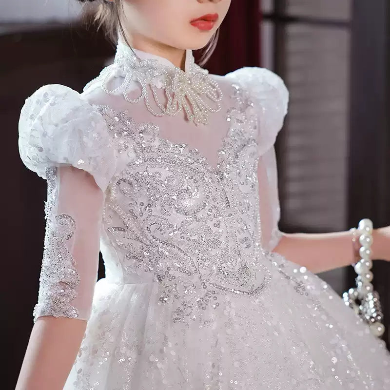 Princess A-Line 3/4 Sleeve Lace Flower Girl Dress with Rhinestone Decor