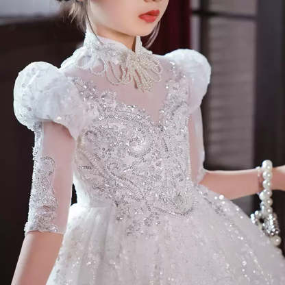 Princess A-Line 3/4 Sleeve Lace Flower Girl Dress with Rhinestone Decor