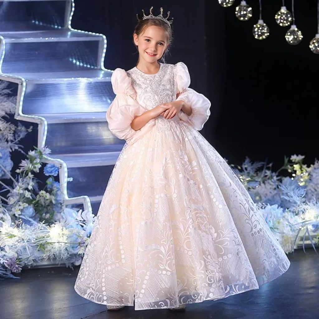Round Neck Floor-Length Lace Party Dress for Girls with Rhinestone Appliques and 3/4 Sleeves