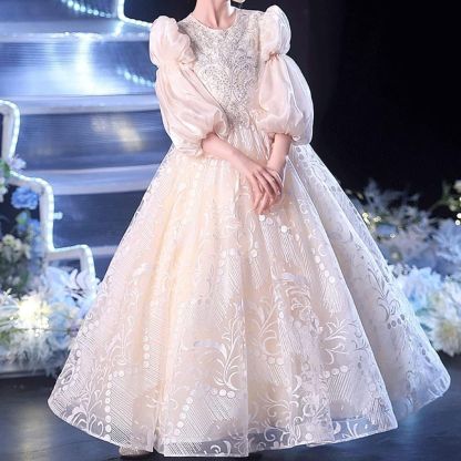 Round Neck Floor-Length Lace Party Dress for Girls with Rhinestone Appliques and 3/4 Sleeves