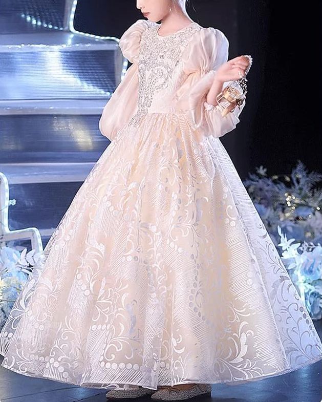 Round Neck Floor-Length Lace Party Dress for Girls with Rhinestone Appliques and 3/4 Sleeves