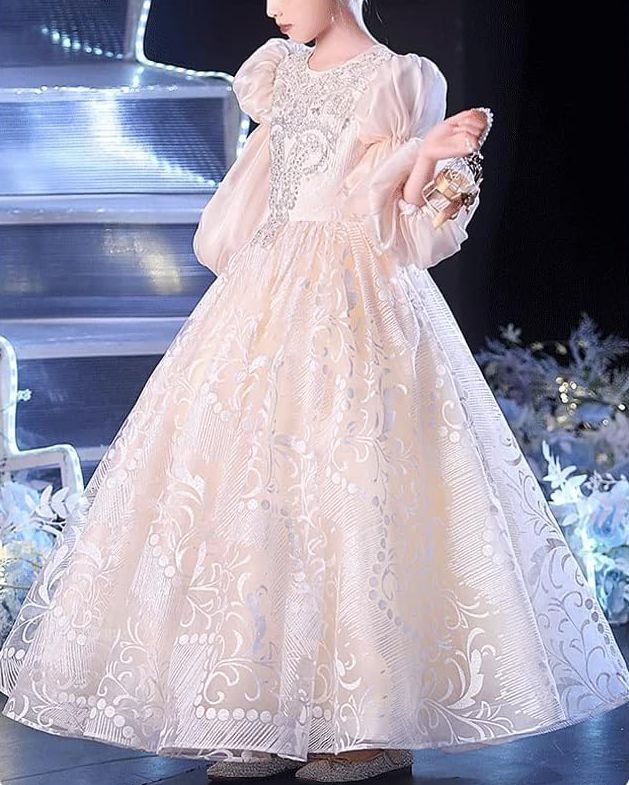 Round Neck Floor-Length Lace Party Dress for Girls with Rhinestone Appliques and 3/4 Sleeves