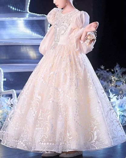 Round Neck Floor-Length Lace Party Dress for Girls with Rhinestone Appliques and 3/4 Sleeves