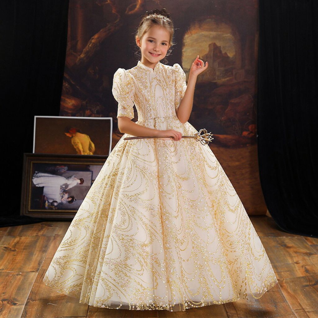 High Neck Half-Sleeve Ball Gown with Floral Embroidery and Crystal Details for Parties