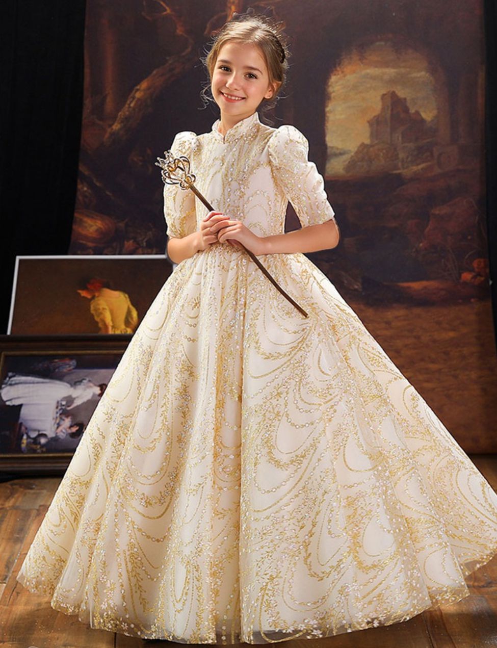 High Neck Half-Sleeve Ball Gown with Floral Embroidery and Crystal Details for Parties