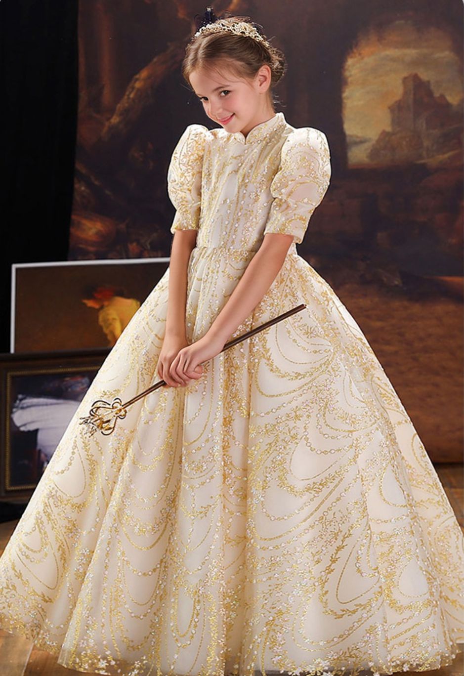 High Neck Half-Sleeve Ball Gown with Floral Embroidery and Crystal Details for Parties