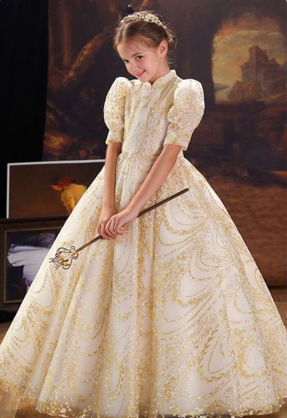 High Neck Half-Sleeve Ball Gown with Floral Embroidery and Crystal Details for Parties