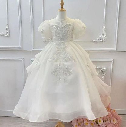A-Line/Princess Flower Girl Party Dress with Rhinestone Appliques and Short Sleeves