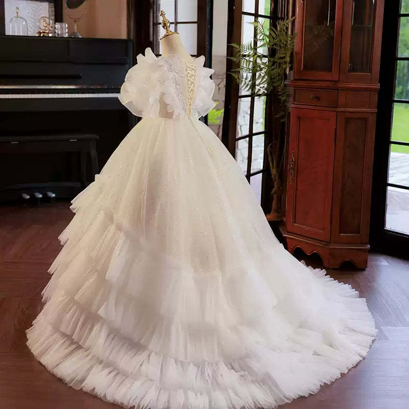 Layered Tulle Ball Gown with Ruffled Flower Girl Dress and Rhinestone Appliques