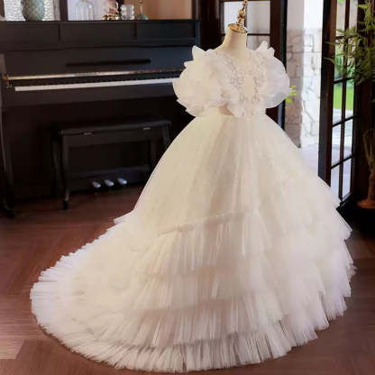 Layered Tulle Ball Gown with Ruffled Flower Girl Dress and Rhinestone Appliques