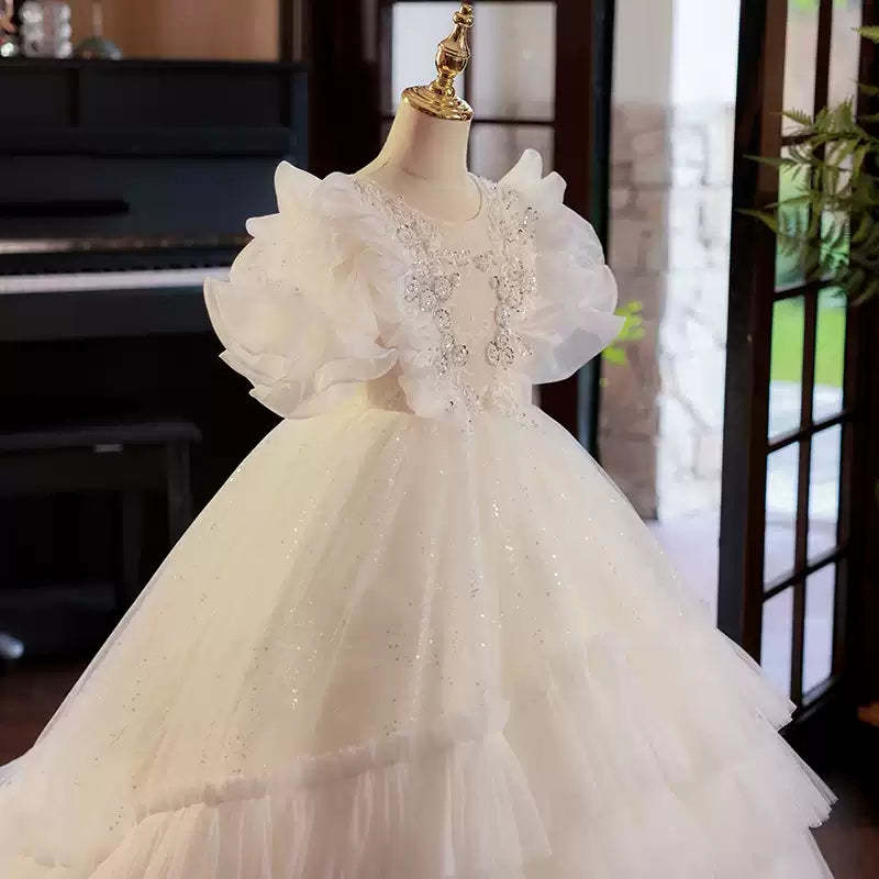 Layered Tulle Ball Gown with Ruffled Flower Girl Dress and Rhinestone Appliques