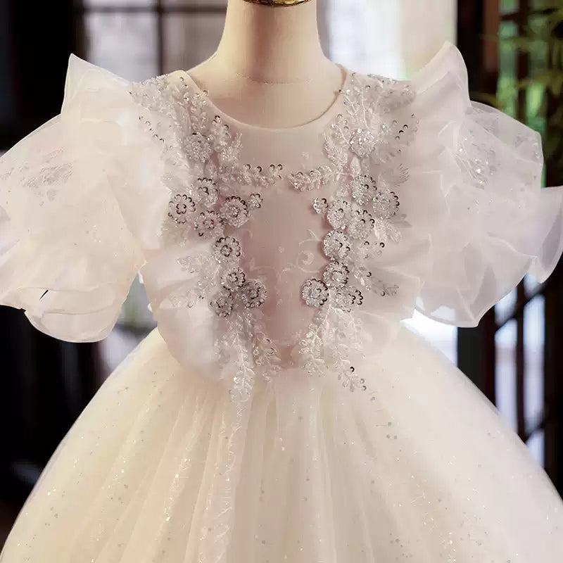 Layered Tulle Ball Gown with Ruffled Flower Girl Dress and Rhinestone Appliques