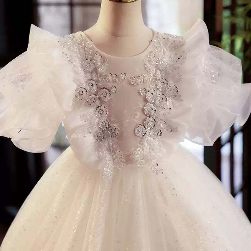 Layered Tulle Ball Gown with Ruffled Flower Girl Dress and Rhinestone Appliques