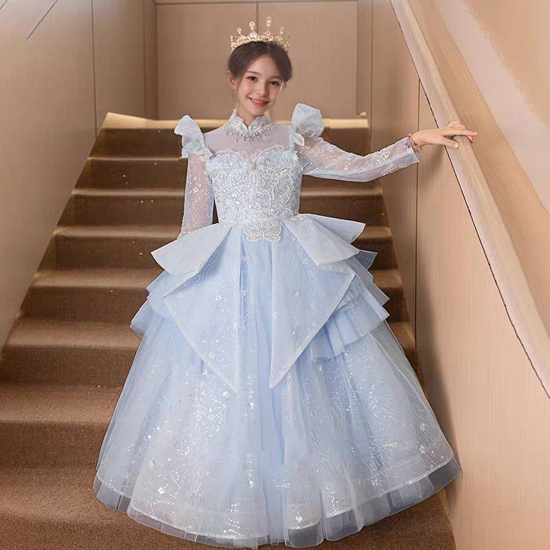 A-Line/Princess Party Dress for Girls with Long Lace Sleeves and Rhinestone Appliques