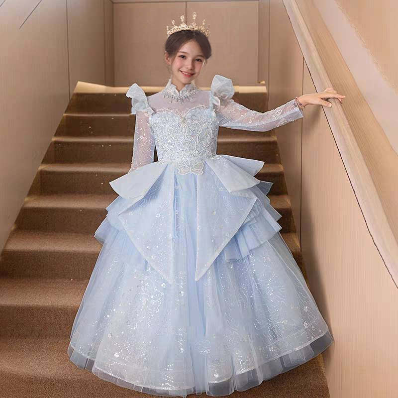 A-Line/Princess Party Dress for Girls with Long Lace Sleeves and Rhinestone Appliques