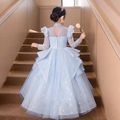 A-Line/Princess Party Dress for Girls with Long Lace Sleeves and Rhinestone Appliques