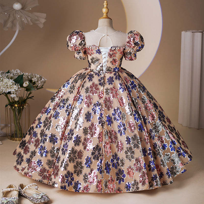 Ball Gown Party Dress for Girls with Crystal Beading Floor Length and Short Sleeves