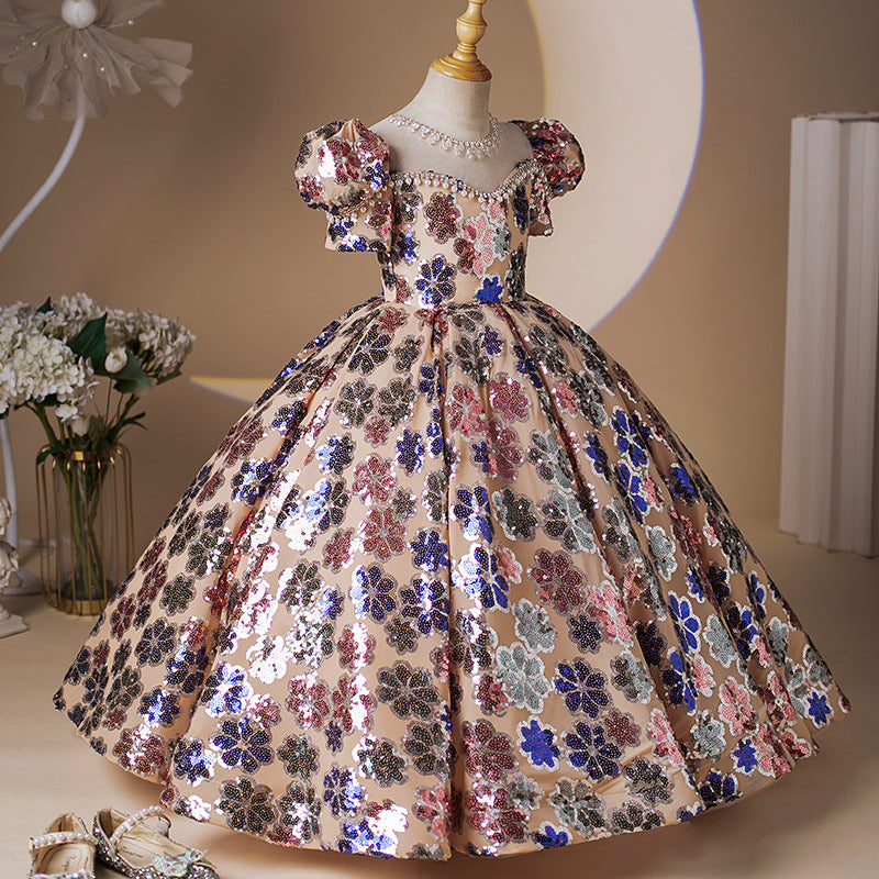 Ball Gown Party Dress for Girls with Crystal Beading Floor Length and Short Sleeves