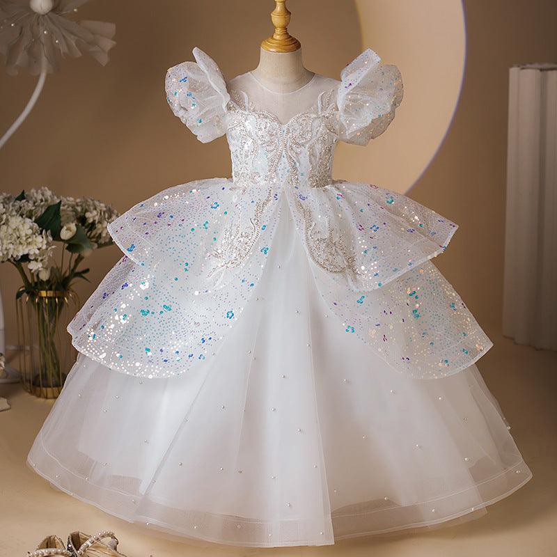 Princess Party Dress with Beaded Short Sleeves and Rhinestone Appliques