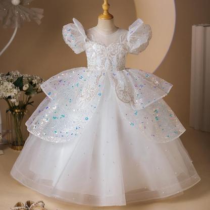 Princess Party Dress with Beaded Short Sleeves and Rhinestone Appliques
