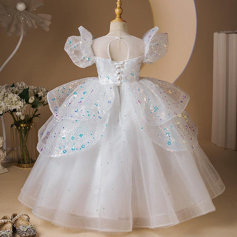 Princess Party Dress with Beaded Short Sleeves and Rhinestone Appliques