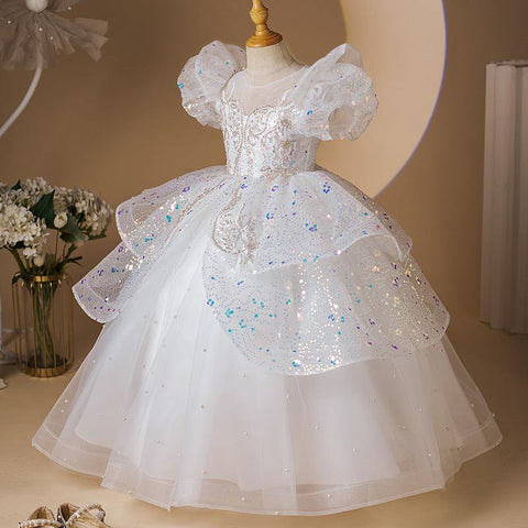 Princess Party Dress with Beaded Short Sleeves and Rhinestone Appliques
