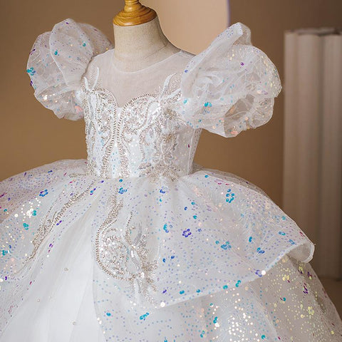 Princess Party Dress with Beaded Short Sleeves and Rhinestone Appliques