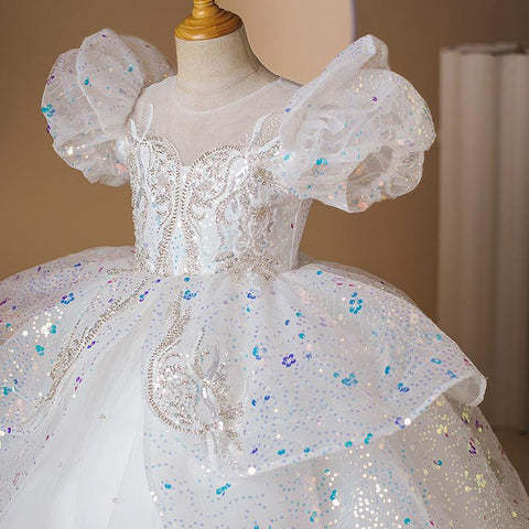 Princess Party Dress with Beaded Short Sleeves and Rhinestone Appliques