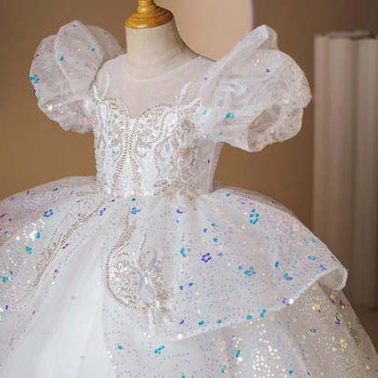 Princess Party Dress with Beaded Short Sleeves and Rhinestone Appliques