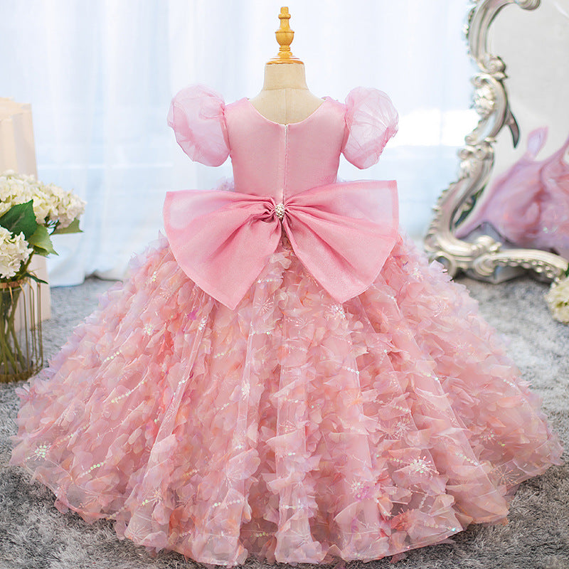 Princess Girl Party Dresses with Rhinestone Flowers & Bow – Short Sleeve Ball Gown