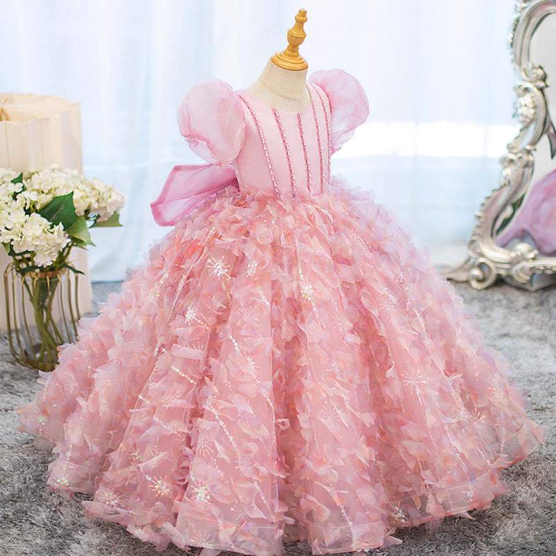 Princess Girl Party Dresses with Rhinestone Flowers & Bow – Short Sleeve Ball Gown