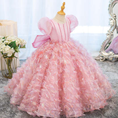 Princess Girl Party Dresses with Rhinestone Flowers & Bow – Short Sleeve Ball Gown