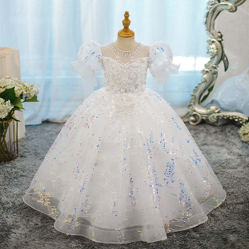Round Neck Ball Gown with Crystal Appliques for Girls Short Sleeves Party Dress