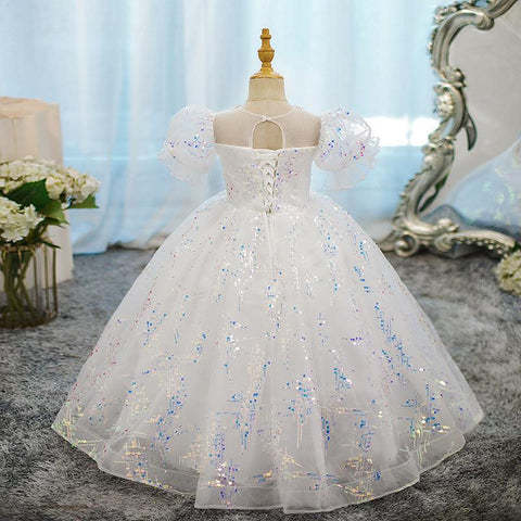 Round Neck Ball Gown with Crystal Appliques for Girls Short Sleeves Party Dress