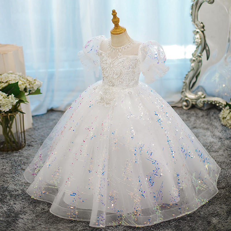 Round Neck Ball Gown with Crystal Appliques for Girls Short Sleeves Party Dress