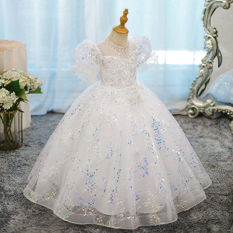 Round Neck Ball Gown with Crystal Appliques for Girls Short Sleeves Party Dress