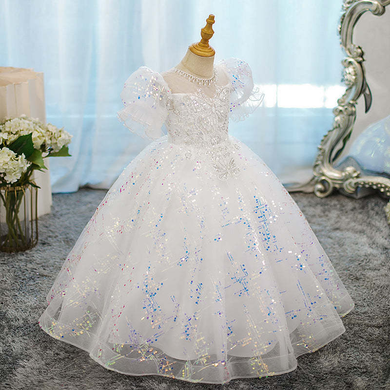 Round Neck Ball Gown with Crystal Appliques for Girls Short Sleeves Party Dress