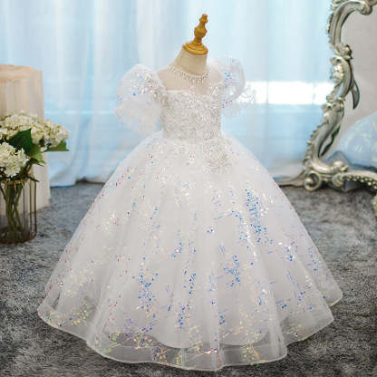 Round Neck Ball Gown with Crystal Appliques for Girls Short Sleeves Party Dress